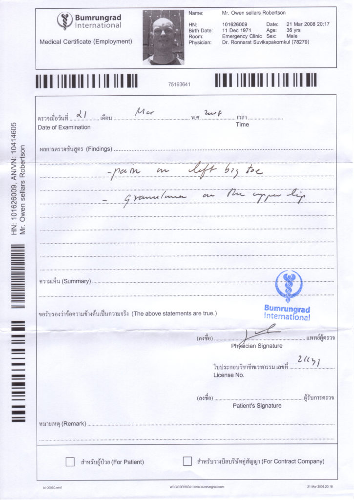 Bumrungrad Medical Certificate 1